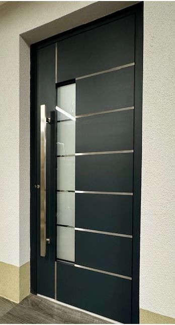 Eingangstür aus Aluminium 980x2190mm Modern Graphite/Weiß mit Glas Einsatz L Anschlag