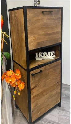 Hochrank Mumbai Mangoholz massiv mit Klappe und Tür 58x40x146 cm Muster Abholung