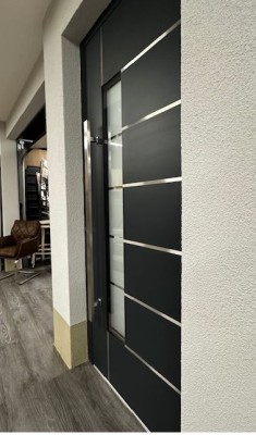 Eingangstür aus Aluminium 980x2190mm Modern Graphite/Weiß mit Glas Einsatz L Anschlag